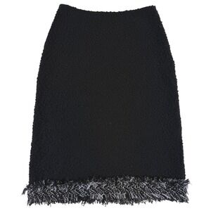 St. John Black Textured Knit Boucle Tweed Fringe Trim Pencil Skirt Size 2